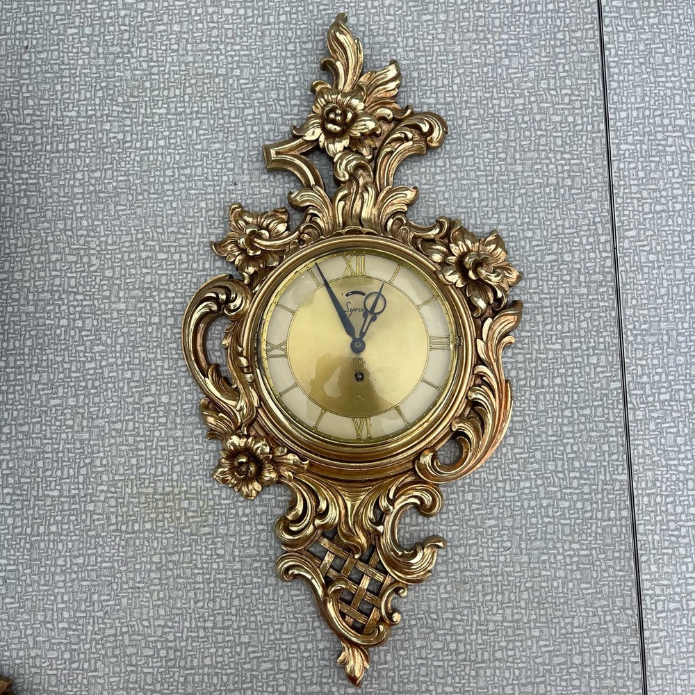 Vintage mcm Regency ornate gold Syroco 8 day jeweled wall clock Syracuse co